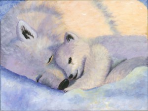 debra linker, painting, acrylic, animal, polar bear, baby bear, snow,