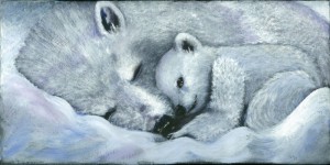 debra linker, painting, acrylic, fauna, animal, polar bears, baby bear, snow
