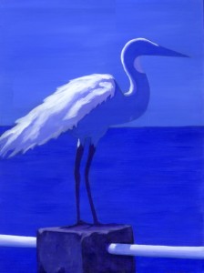 debra linker, painting, acrylic, animal, bird, egret, pier, ocean,