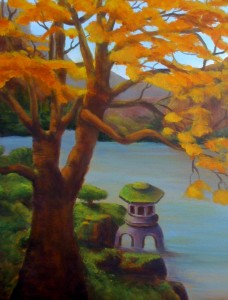 debra linker, painting, acrylic, zen, tree, lake, autumn, spring